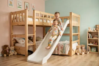 Lit cabane en bois avec toboggan intégré dans une chambre d'enfant décorée en tons pastels