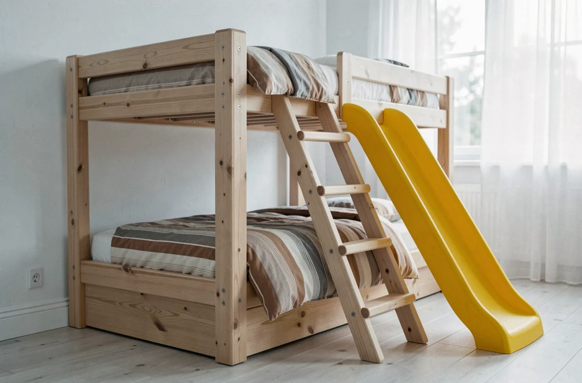 Lit cabane mi-hauteur avec toboggan jaune dans une chambre de style scandinave minimaliste