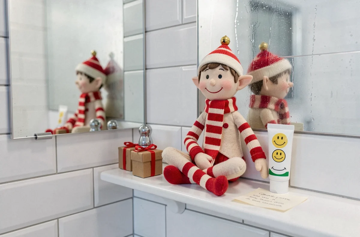 Lutin espiègle assis sur une étagère de salle de bain avec un sourire dessiné au dentifrice sur le miroir