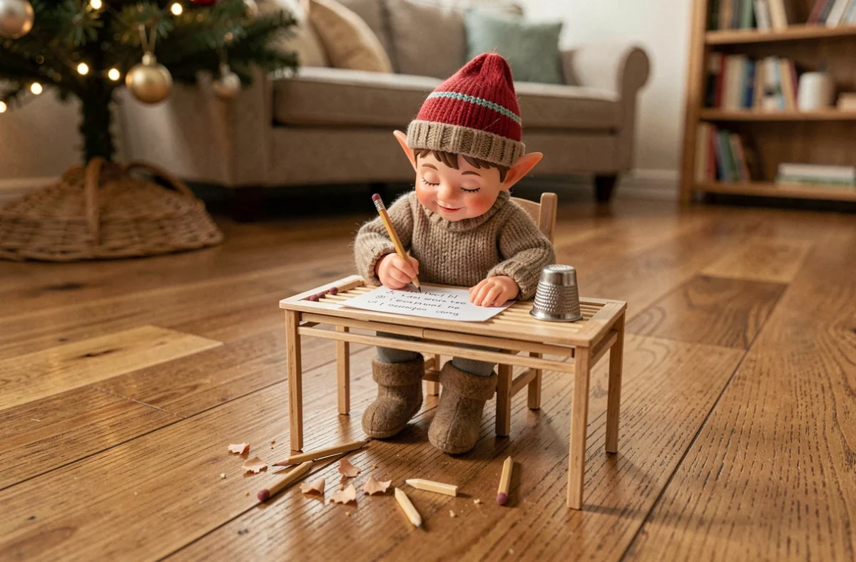 Lutin farceur installé à un minuscule bureau en allumettes écrivant une liste rigolote sur le parquet du salon