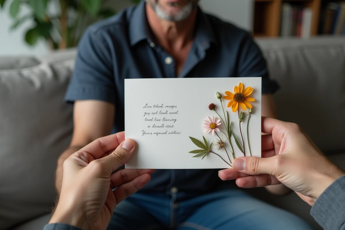 Mains tenant une carte faite maison avec un message touchant écrit à la main et décorations florales