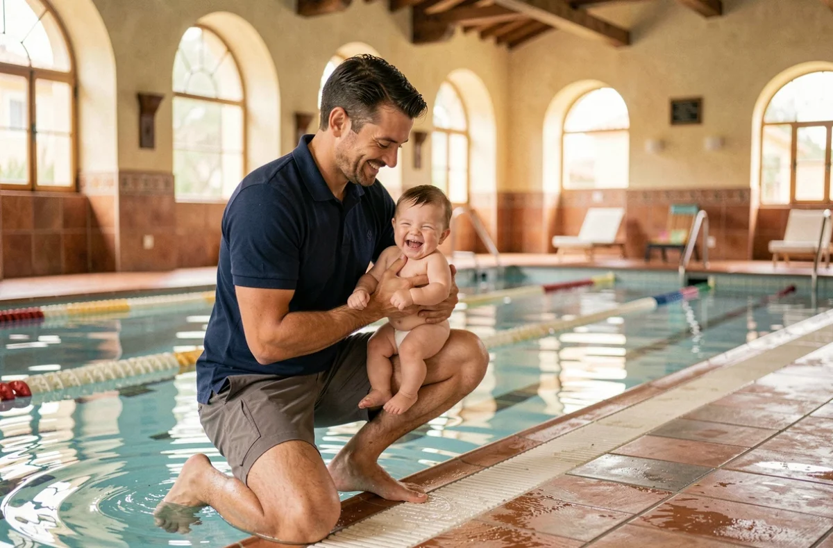 Instructeur professionnel tenant un bébé au-dessus de l'eau lors d'un cours de bébé nageur à Aix-en-Provence chez Maître-Baigneur