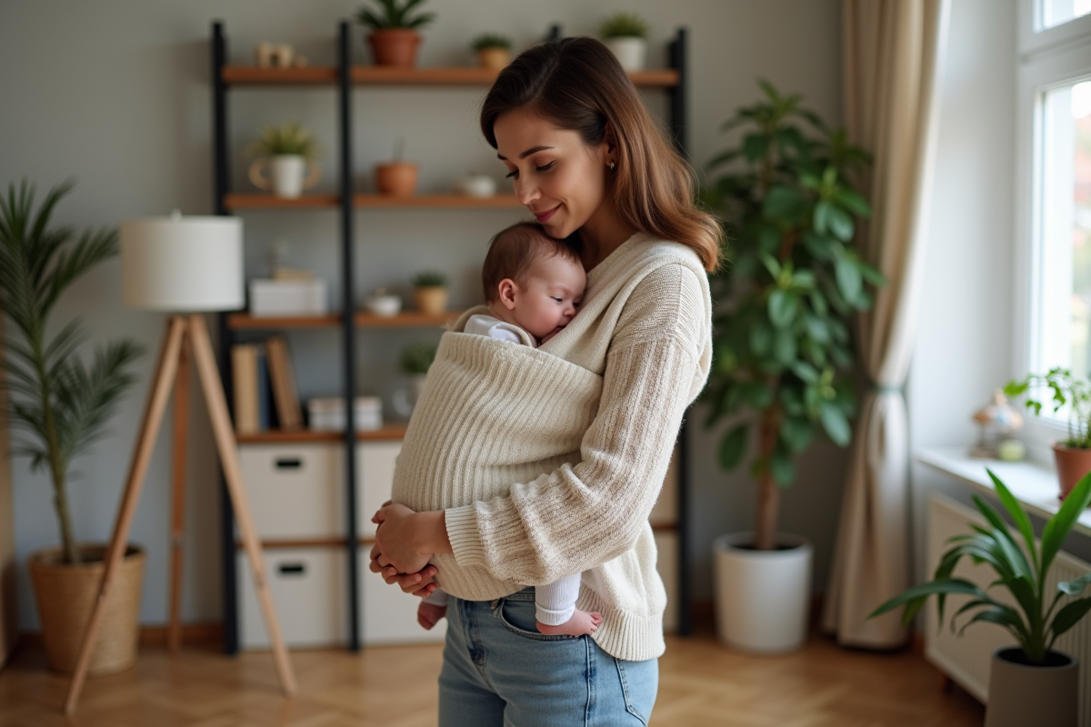 Jeune maman avec bébé dans un porte-bébé dans un intérieur chaleureux