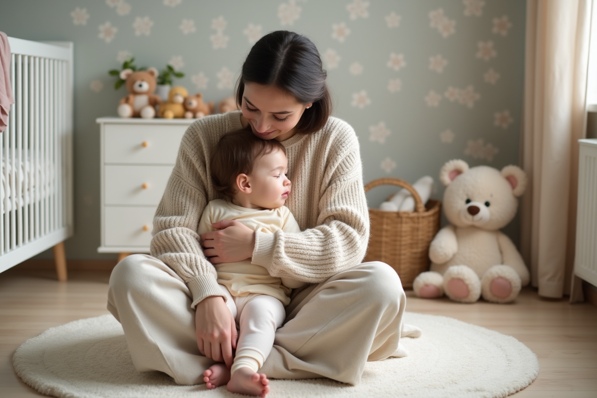 Maman câline son bébé endormi dans une nurserie chaleureuse