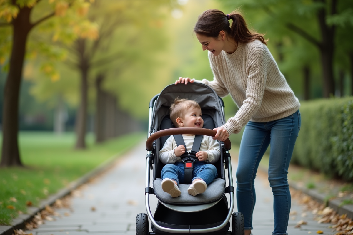 Jeune maman souriante avec bébé dans une poussette en parc