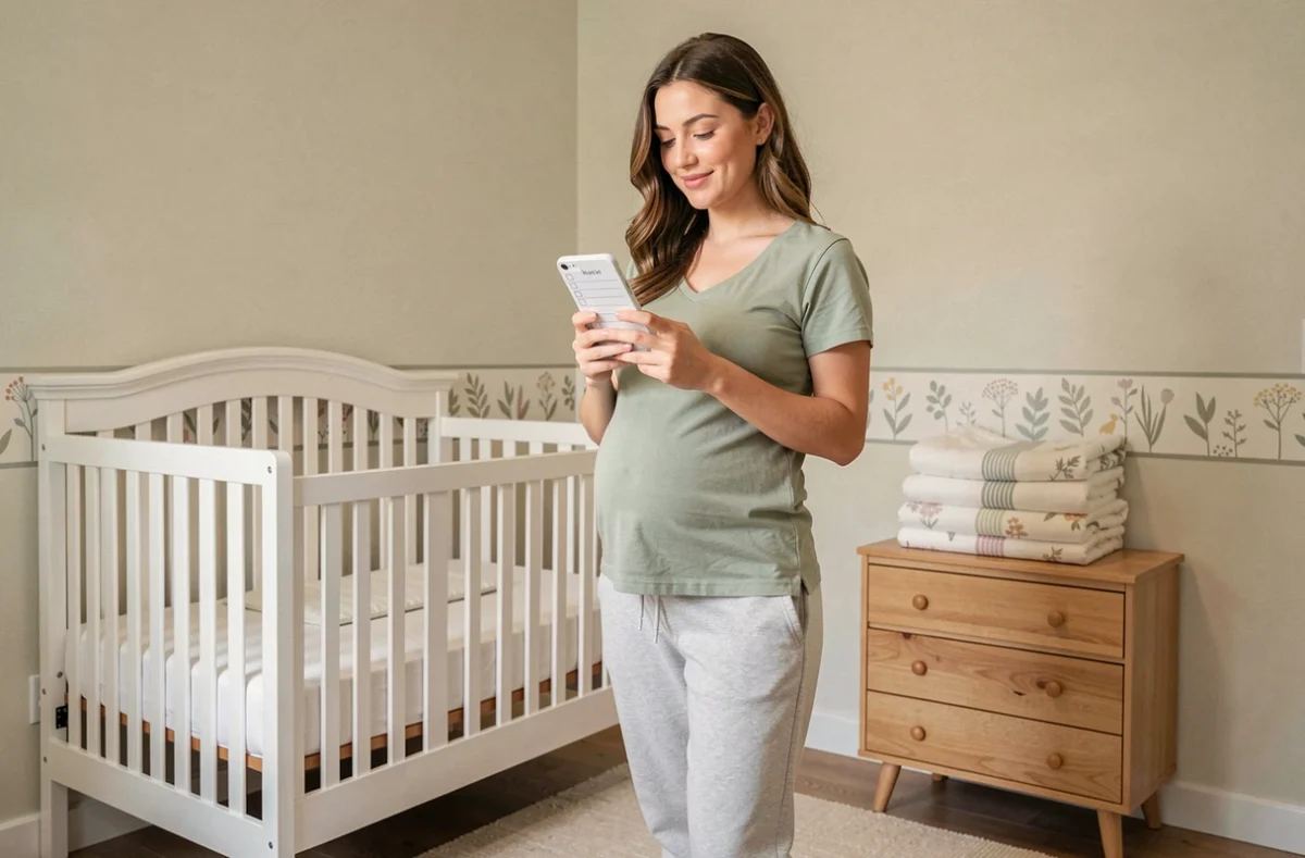 Maman enceinte qui organise la chambre de bébé avec une liste de produits essentiels commandés sur Bébés Avenue