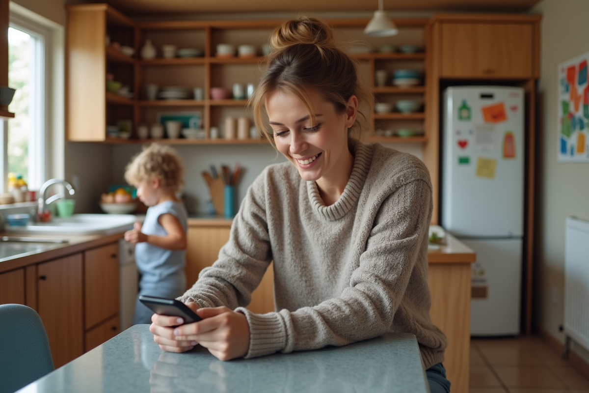 Mère relaxée dans la cuisine avec enfant qui joue dans l