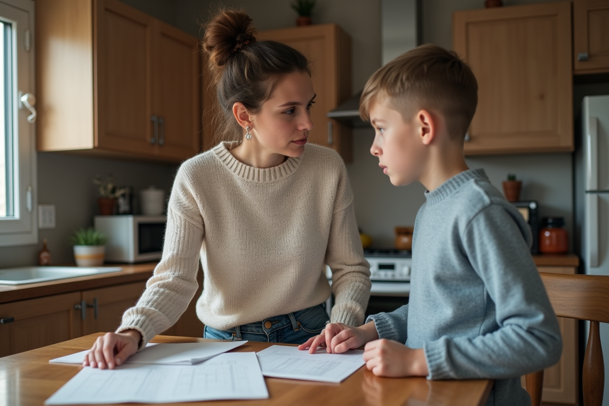 Femme et garçon en cuisine lors d'une conversation familiale