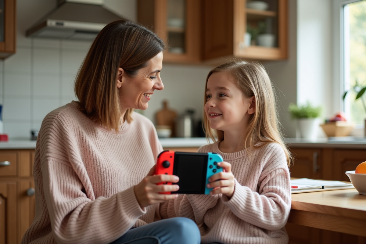 Maman aidant sa fille à prendre la Switch dans la cuisine