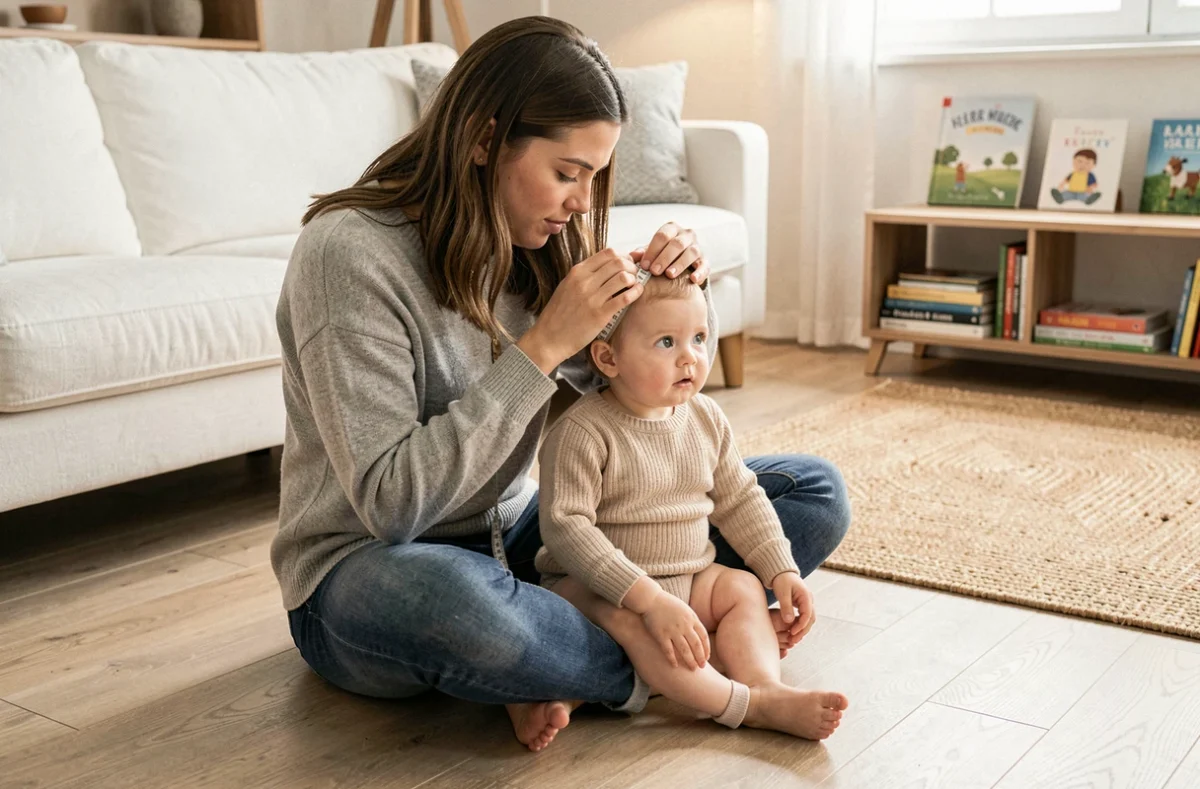 Maman mesurant le tour de tête de son bébé de 9 mois à domicile avec un ruban souple dans un salon lumineux