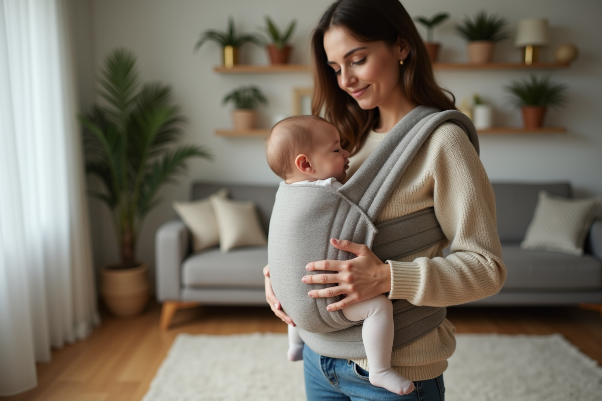 Jeune maman avec bébé en porte-bébé dans un salon chaleureux