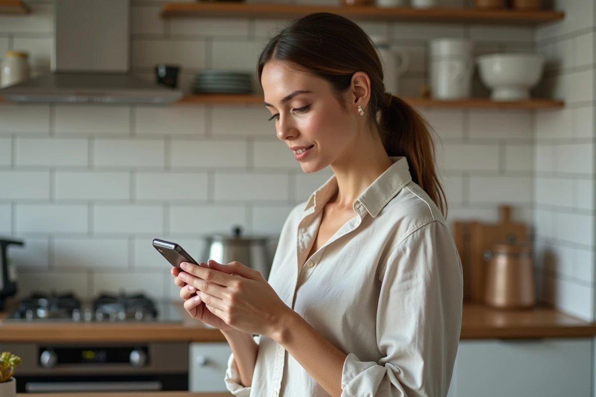 Une maman consulte la communauté Mama-bears sur son smartphone dans sa cuisine