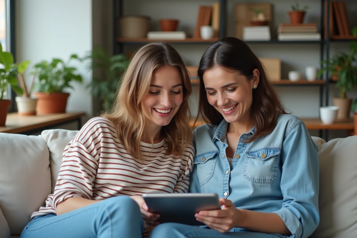 Deux mamans partagent leur expérience de la communauté Mama-bears autour d'une tablette