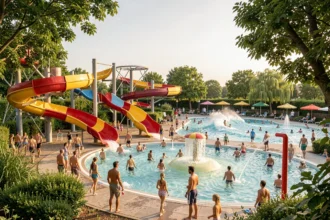 Vue d'ensemble d'un parc aquatique animé à Paris avec toboggans colorés et familles en été