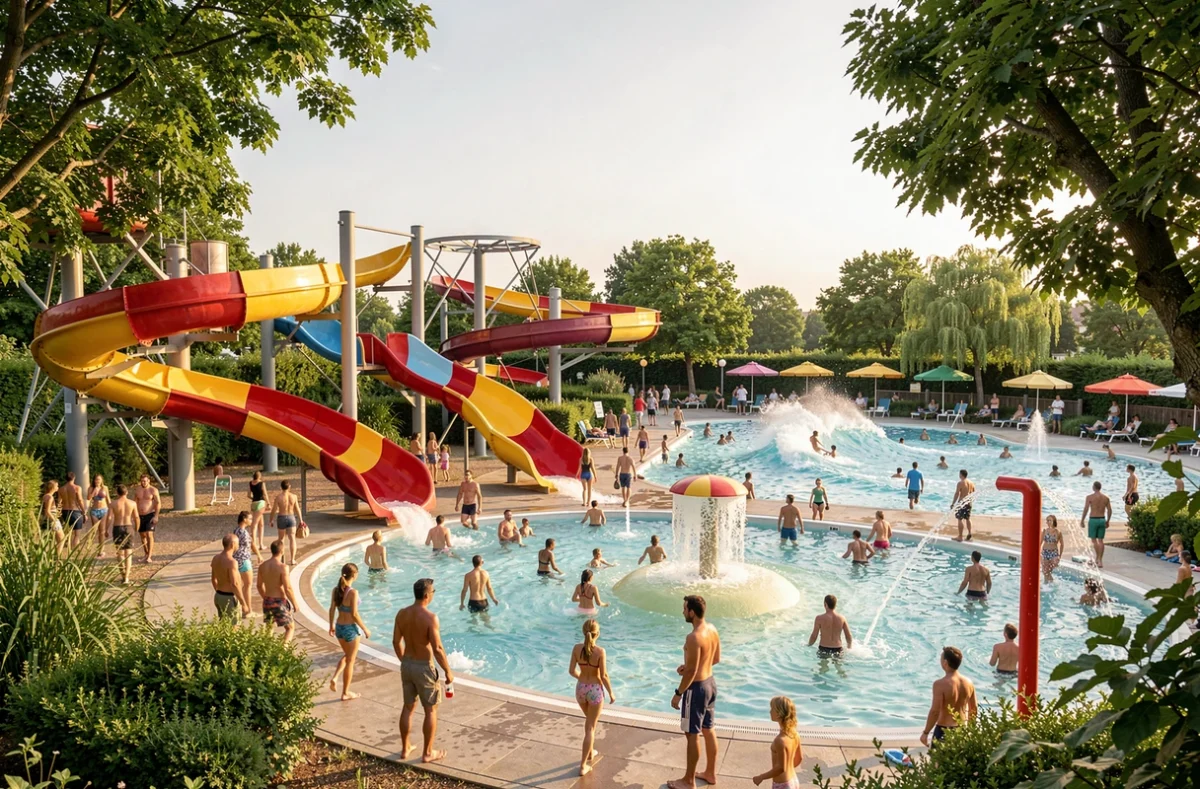 Vue d'ensemble d'un parc aquatique animé à Paris avec toboggans colorés et familles en été