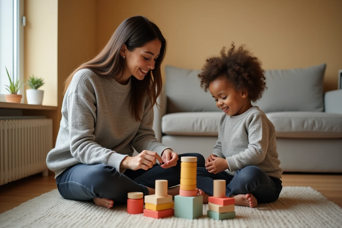 Mère et fillette jouant avec des jouets en bois abordables sur le sol d'un salon familial