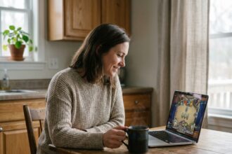 Mère de famille jouant au Spider Solitaire en ligne sur un ordinateur portable à la table de la cuisine pendant une pause détente