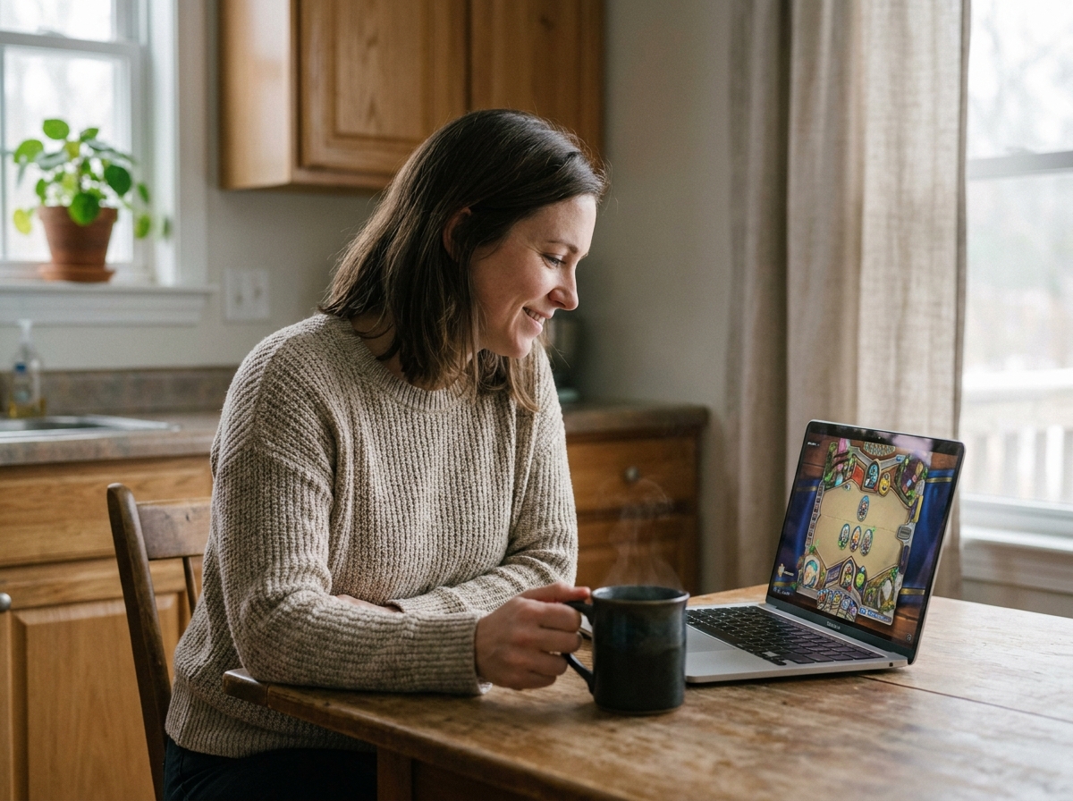 Mère de famille jouant au Spider Solitaire en ligne sur un ordinateur portable à la table de la cuisine pendant une pause détente