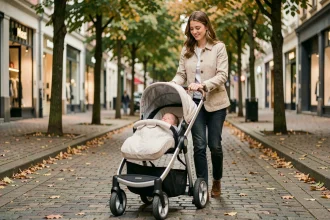 Jeune mère poussant une poussette trois en un moderne sur un trottoir citadin en automne