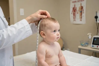 Pédiatre mesurant le périmètre crânien d'un bébé de 9 mois avec un mètre souple lors d'une consultation médicale