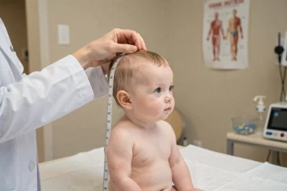 Pédiatre mesurant le périmètre crânien d'un bébé de 9 mois avec un mètre souple lors d'une consultation médicale