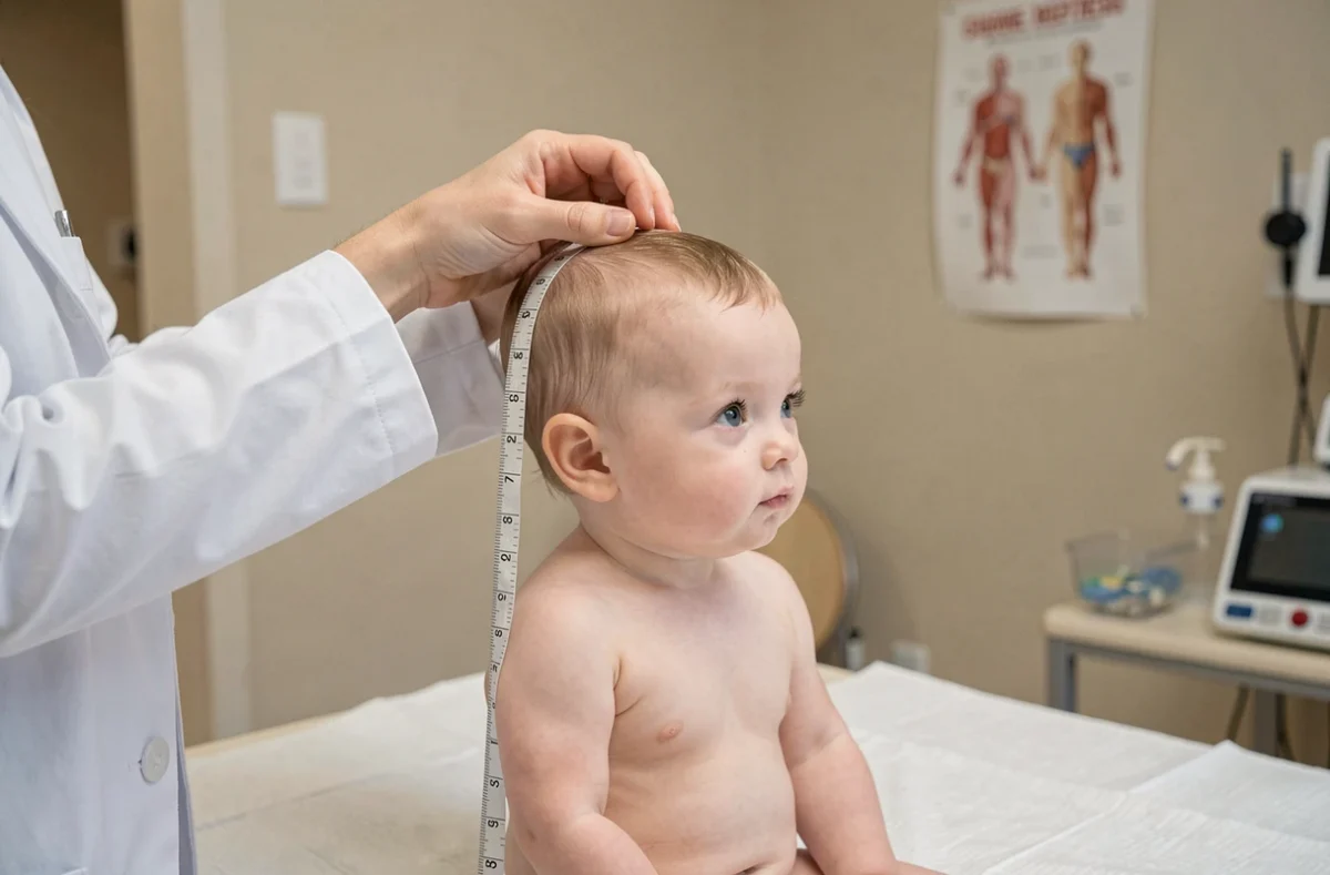 Pédiatre mesurant le périmètre crânien d'un bébé de 9 mois avec un mètre souple lors d'une consultation médicale
