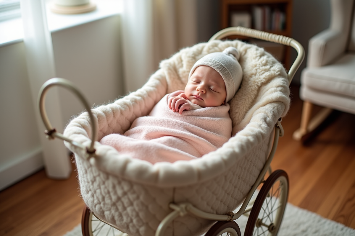 Bebe fille endormie dans une poussette vintage en intérieur