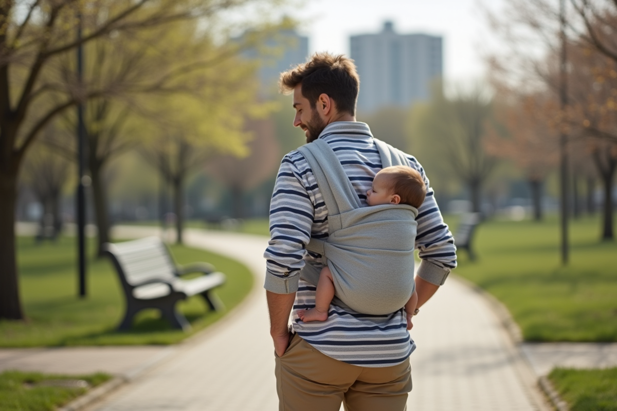 Père marchant avec bébé dans un parc urbain calme
