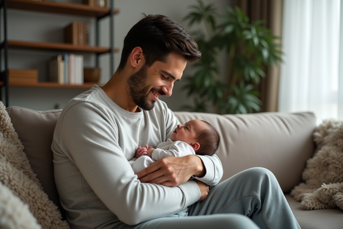 Père tenant son bébé dans un salon chaleureux