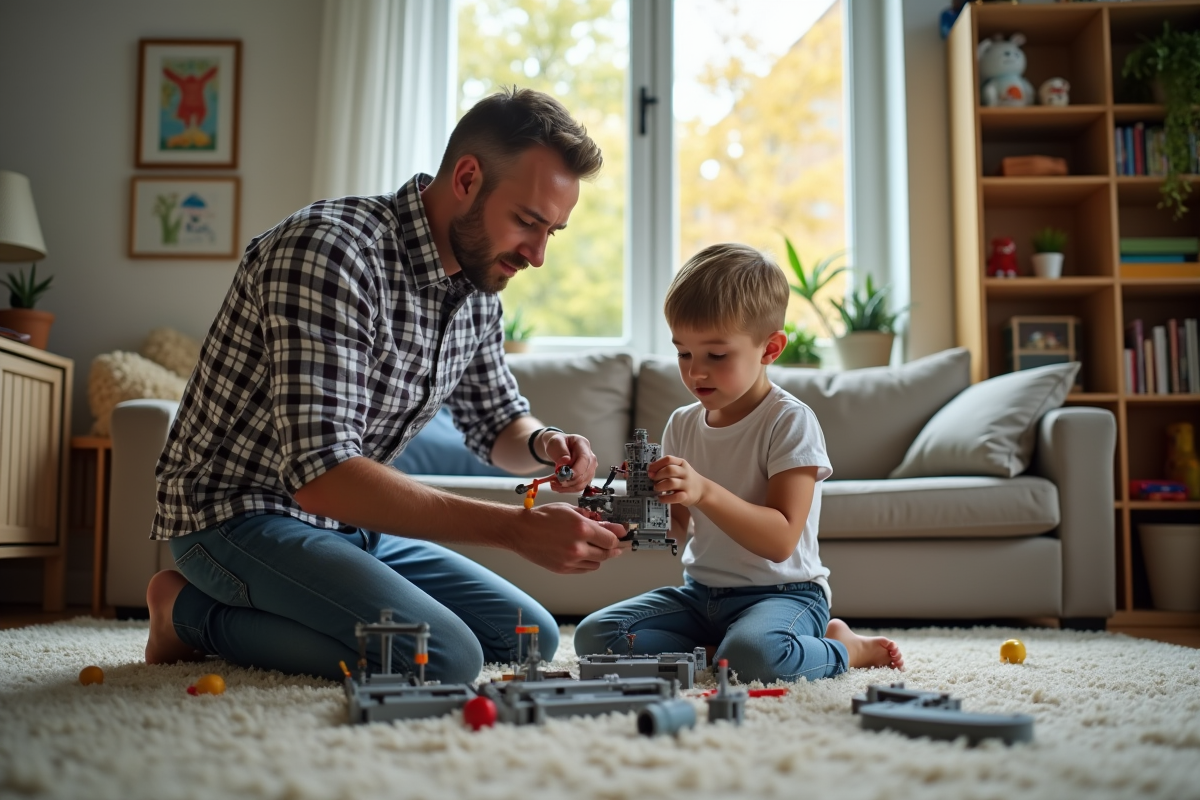 Père et fils assemblant un kit scientifique au sol