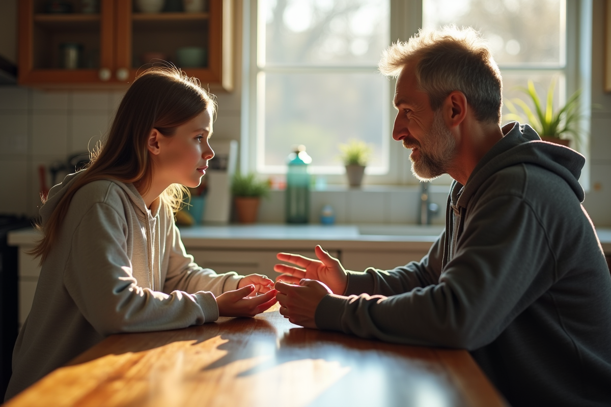 Père et fille discutant à la table de cuisine ensoleillée
