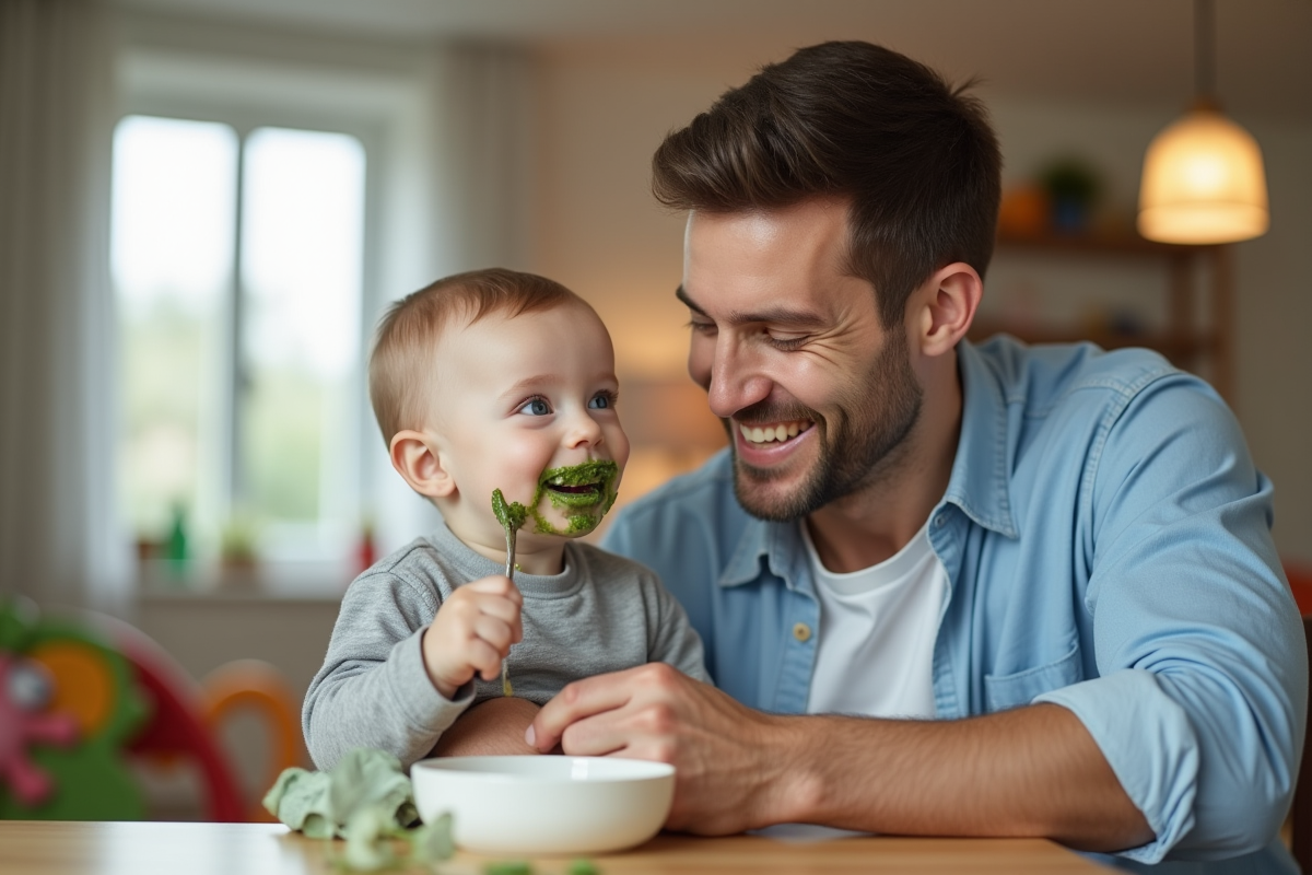 Papa souriant donnant des epinards a son bebe dans la salle a manger