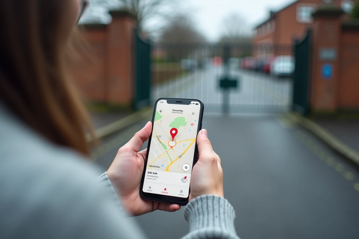 Parent consultant une application de géolocalisation sur smartphone devant l'entrée d'une école primaire