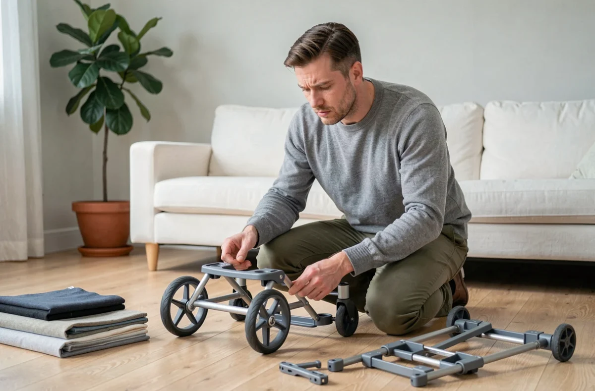 Père assemblant une poussette trois en un dans un salon moderne de style scandinave