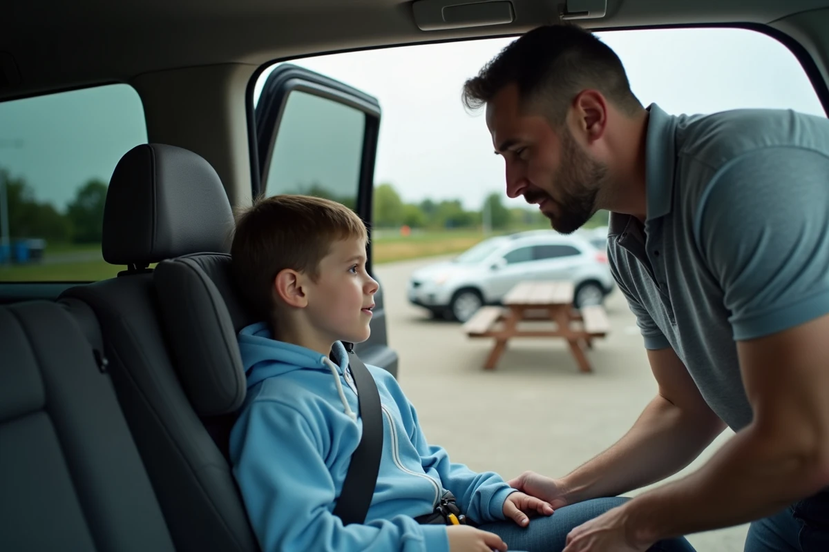 Père ajustant la ceinture de sécurité du réhausseur de son fils lors d'une pause sur l'autoroute