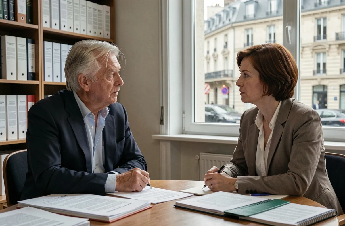 Deux personnalités politiques françaises en discussion autour d'une table de travail dans un bureau parisien