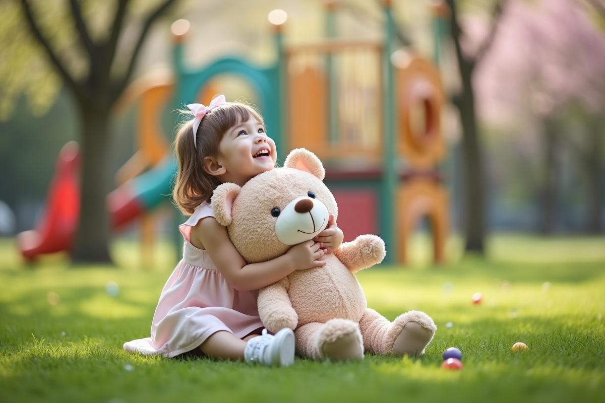 Petite fille souriante avec peluche dans un parc au printemps