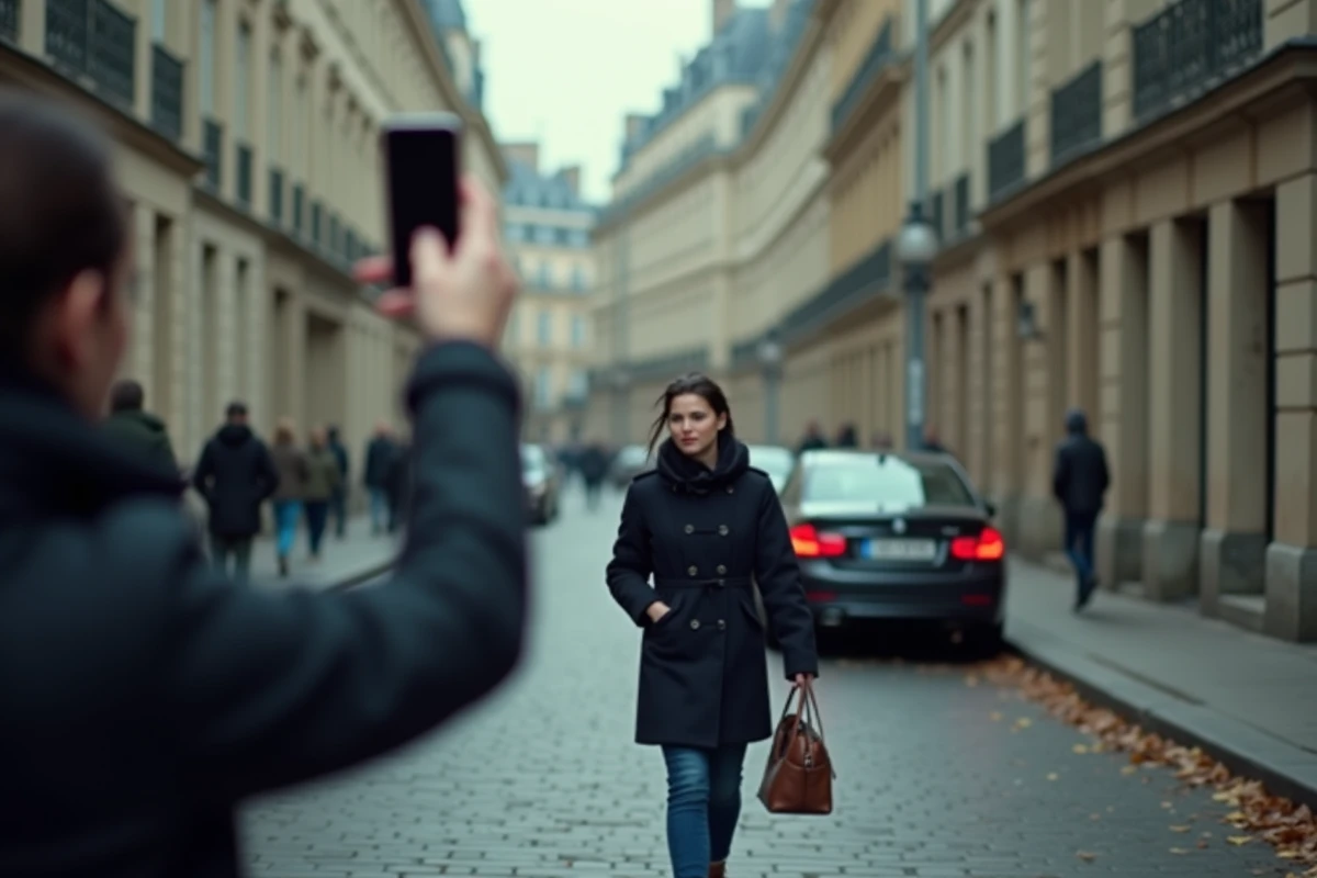 Femme captée en photo à son insu dans une rue parisienne par un inconnu tenant un smartphone, symbolisant l'intrusion dans la vie privée des personnalités publiques