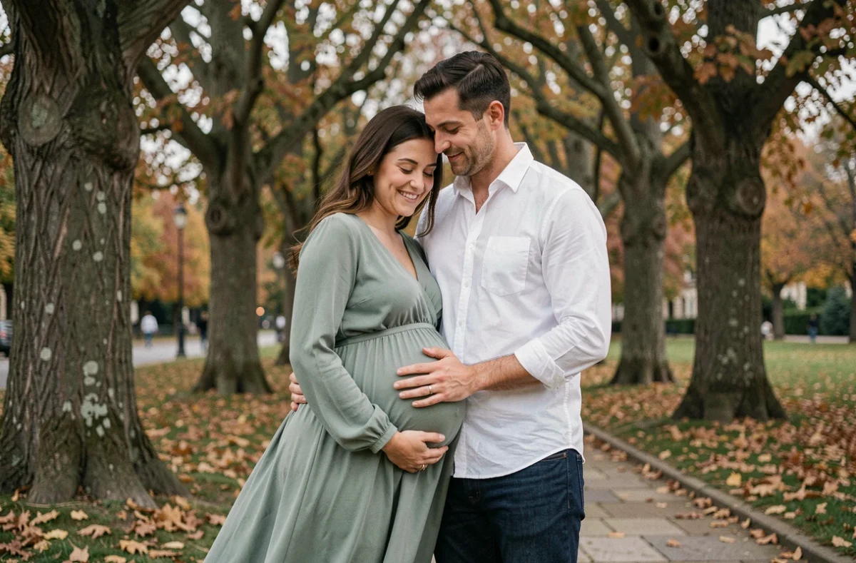 Couple attendant un bébé photographié dans un parc à Rennes en automne, séance photo grossesse en extérieur naturelle et émouvante
