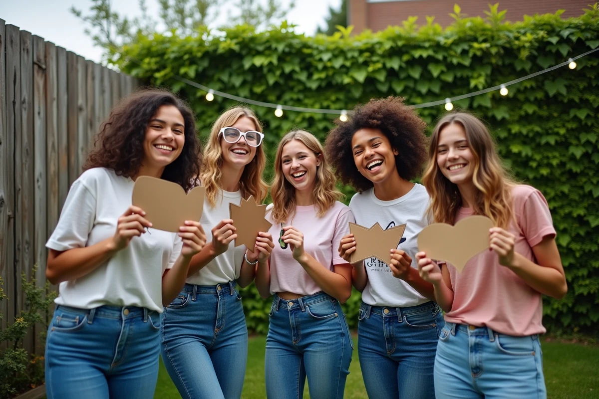 Groupe de jeunes de 18 ans s'amusant dans un photobooth DIY décoré pour un anniversaire en plein air sans alcool