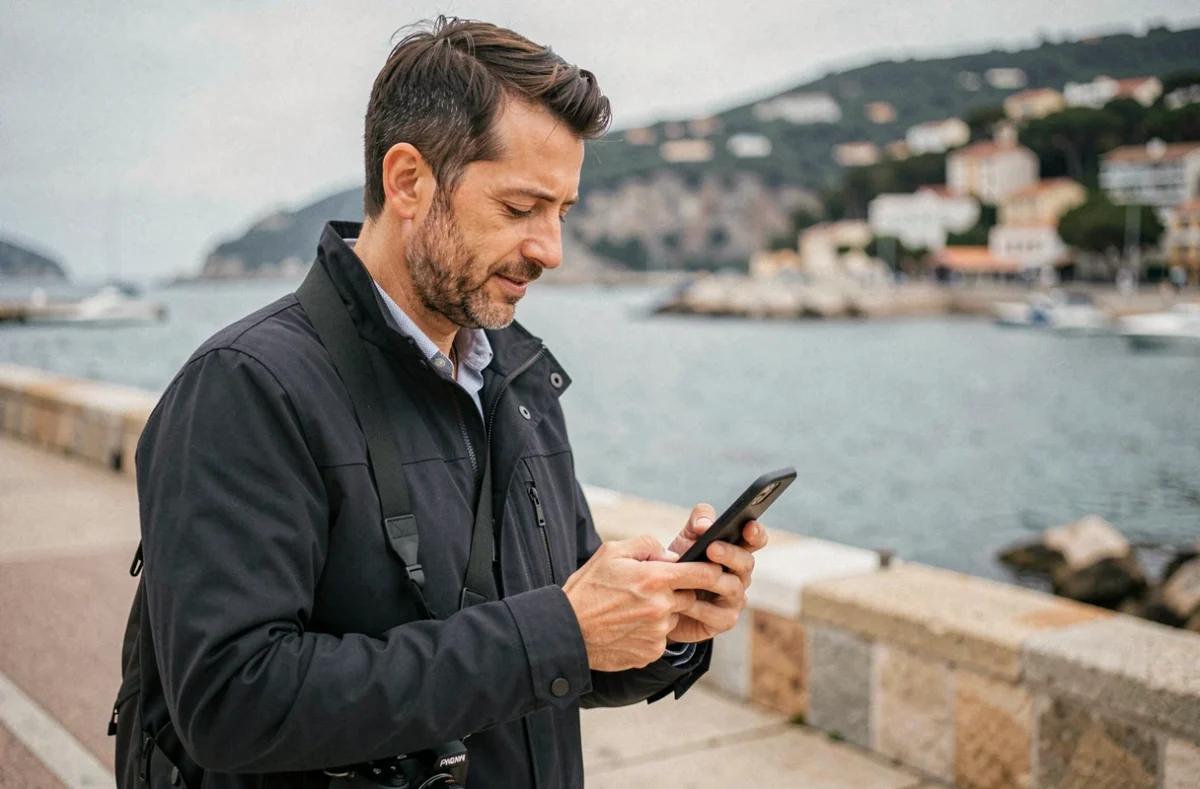 Photographe vérifiant ses réservations sur smartphone sur la promenade bord de mer de La Seyne-sur-Mer