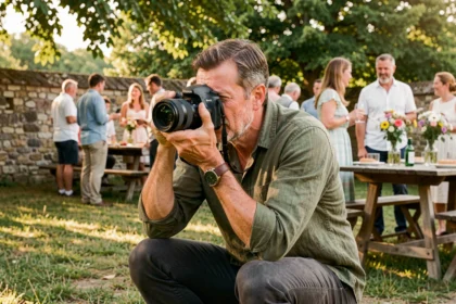 Photographe professionnel en action lors d'un événement en extérieur à Villeneuve-sur-Lot, entouré de pierres anciennes et de verdure