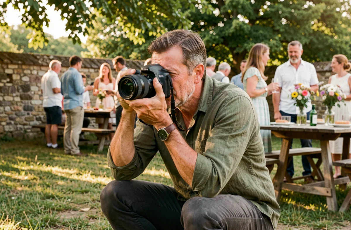 Photographe professionnel en action lors d'un événement en extérieur à Villeneuve-sur-Lot, entouré de pierres anciennes et de verdure