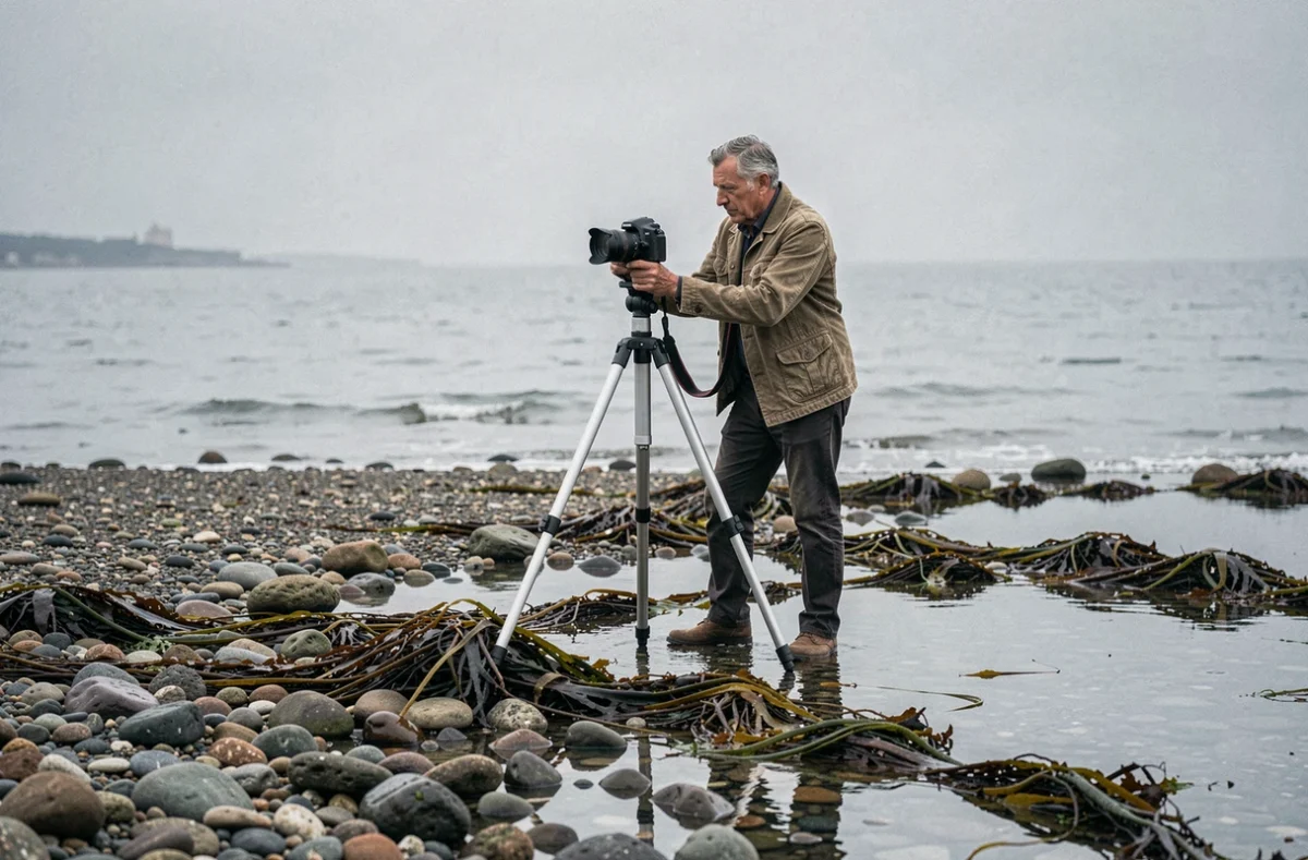 Photographe installant son trépied sur une plage de galets near La Rochelle sous un ciel nuageux côtier pour une séance en extérieur