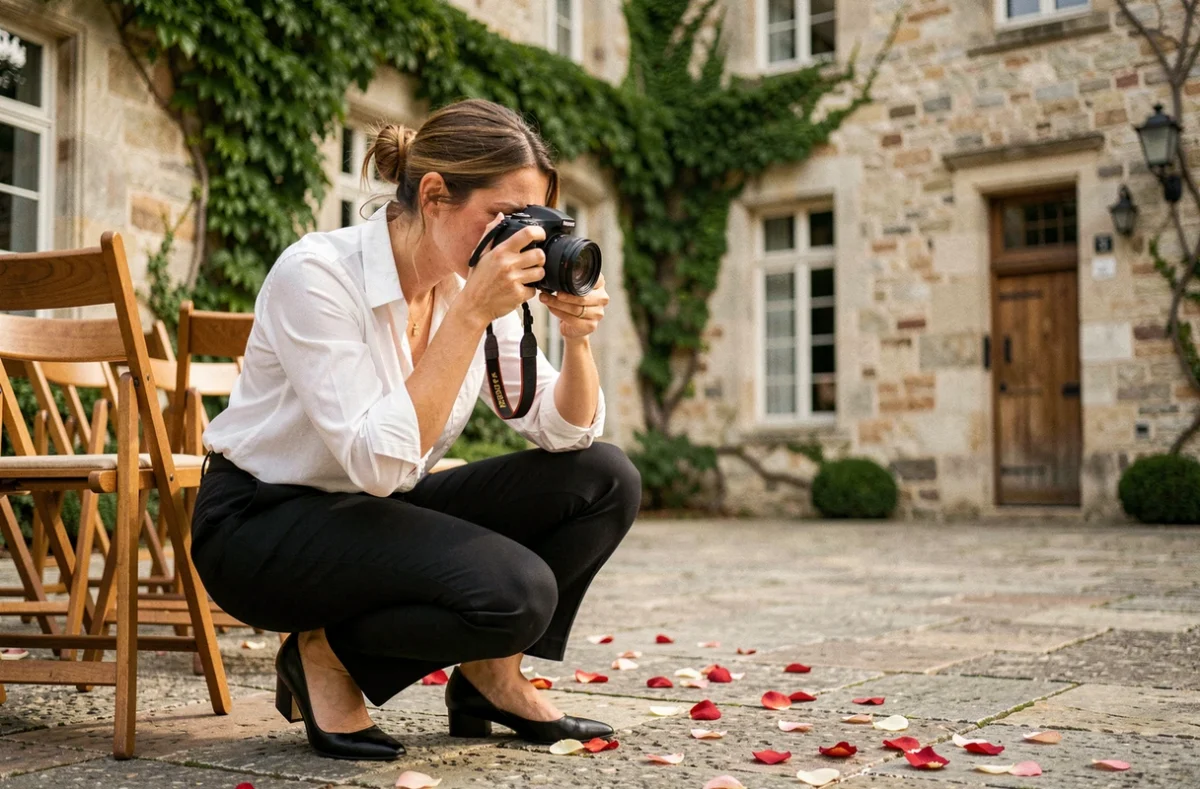 Photographe de mariage en action dans la cour d'un château béarnais près de Pau