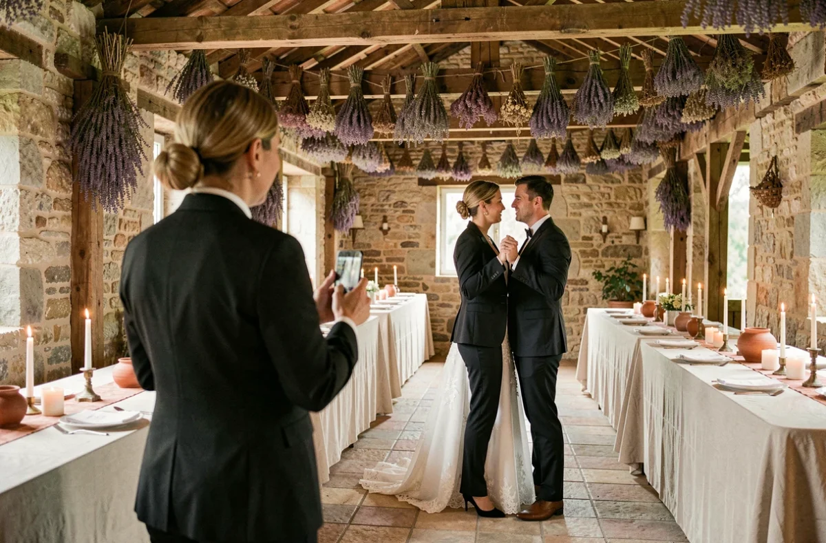 Photographe de mariage immortalisant la première danse des mariés dans une salle en pierre à Villeneuve-sur-Lot