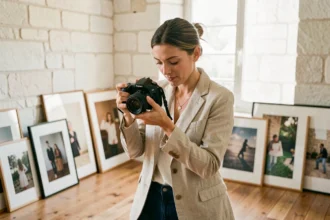 Photographe professionnelle à La Rochelle consultant des images lors d'une session client dans un studio au décor authentique