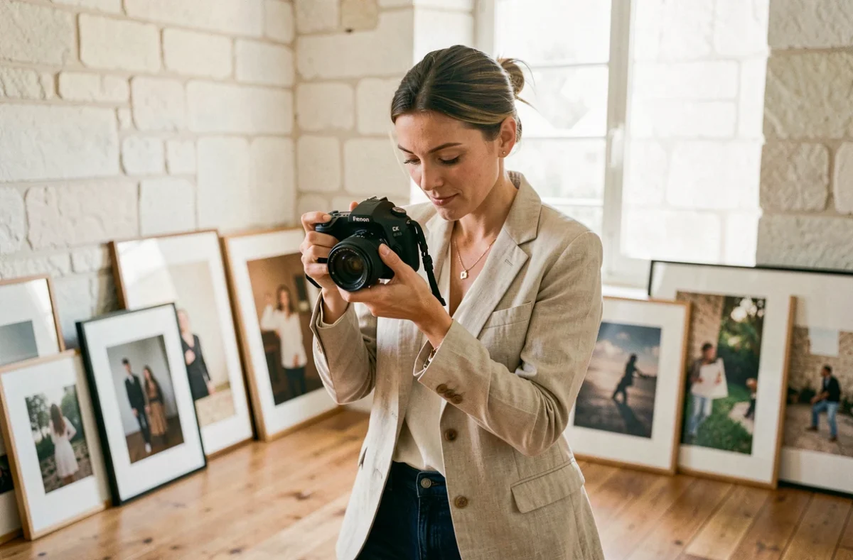 Photographe professionnelle à La Rochelle consultant des images lors d'une session client dans un studio au décor authentique