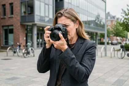 Photographe professionnelle tenant un appareil photo reflex devant un bâtiment moderne de Villeneuve-d'Ascq