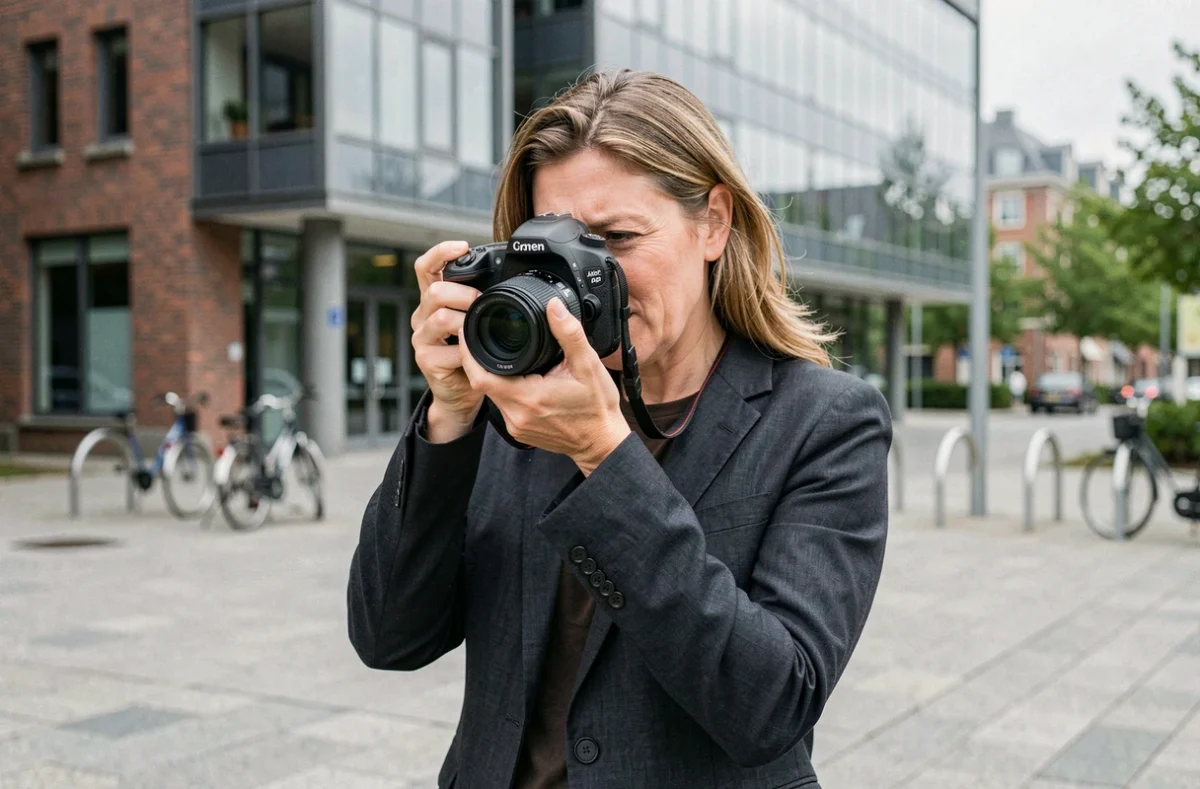 Photographe professionnelle tenant un appareil photo reflex devant un bâtiment moderne de Villeneuve-d'Ascq